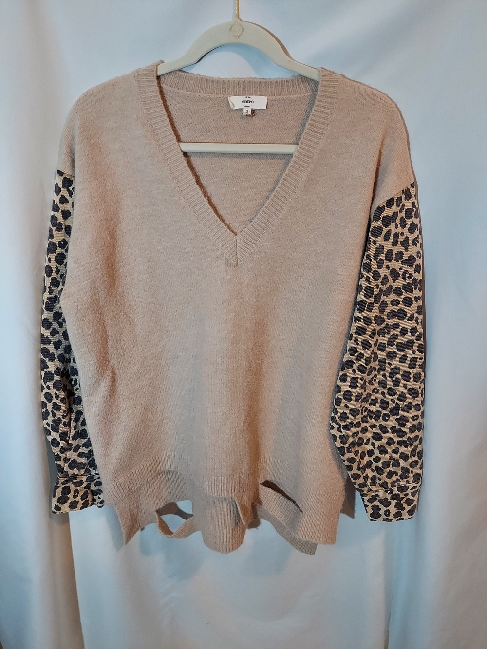 Entro Oversized V-Neck Tunic Knit Sweater Leopard Canvas Sleeves Boho Small